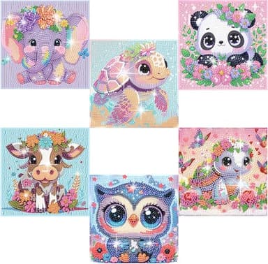 Acelii 6 Pack 5D Cartoon Diamond Painting Kits for Kids Beginners,Cute Animals DIY Diamond Art Kit for Kids,Full Round Drill Big Gem Art for Kid,Home Wall Decoration 6X6 inch