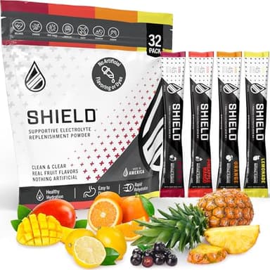 SHIELD® Electrolyte Replenisher | 32ct Powder Stick Packs – Refreshing, Clean, & Clear Hydration, No Artificial Colors/Dyes, No HFCS, Balanced Electrolyte Replenishment, and Real Fruit Flavor