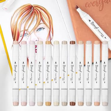 Bianyo 12 Skin Tone Alcohol Markers, Dual Tip Fine & Chisel Markers for Coloring, Portrait Drawing, Sketching, Shading & Illustration Art