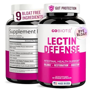 GOBIOTIX Lectin Defense - Lectin Blocker Supplement for Leaky Gut with MSM and Digestive Enzymes - Aids in Intestinal Health for Women and Men - Non-GMO + Gluten Free - 60 Capsules (1)