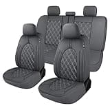 CAROMOP Luxury PU Leather Car Seat Covers Full Set-Waterproof Seat Protectors with Split Bench Seat Covers for Cars-Universal Cars Interior Covers for Sedans, SUVs, Pick-up Trucks(Gray/Gray Line)