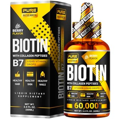 Liquid Biotin & Collagen Hair Growth Drops 60,000mcg - Biotin and Liquid Collagen Supplement for Men & Women - Glowing Skin Support, Healthy Hair & Nail Growth - 2oz