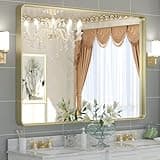 TETOTE 48 x 36 Inch Gold Bathroom Mirror, Champagne Gold Brushed Metal Framed Modern Vanity Mirror, Brushed Brass Rectangle Decorative Wall Mirrors Shatterproof (Horizontal/Vertical)