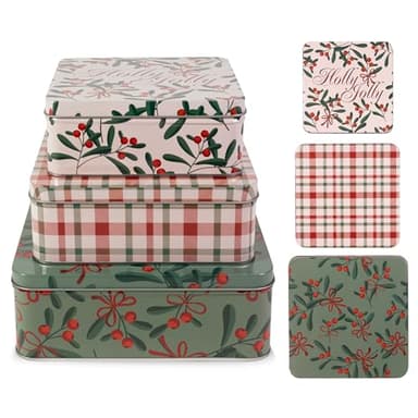 Steel Mill & Co. Square Cookie Tin Set of 3, Holly Jolly