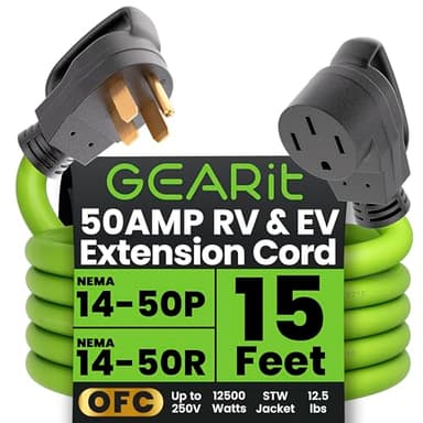 GEARit 50 Amp RV/EV Extension Cord (15 ft) 4-Prong 250-Volt, Compatible with Tesla Model 3/S/X/Y Mobile Charger, NEMA 14-50P to 14-50R 6/3+8/1 STW AWG Gauge Outdoor Waterproof Power Cable - 15 Feet