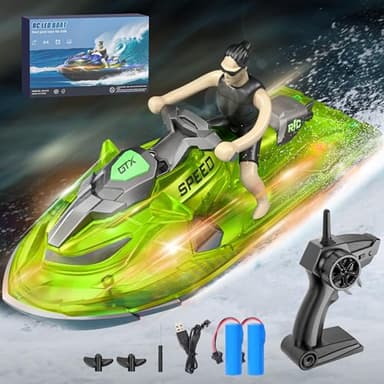 WHIMSYLAND RC Boats for Kids 6+, 2.4GHZ Remote Control Jet-ski, 2 Rechargeable Batteries, Green