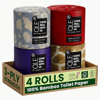 QLE Bamboo Toilet Paper 4 Pack 3 Ply 300 Sheets Bamboo RV Toilet Paper Rolls - Organic Chemical Free Toilet Paper, Hypoallergenic Toilet Paper Bamboo Soft, Compostable Septic Safe Plant Toilet Paper