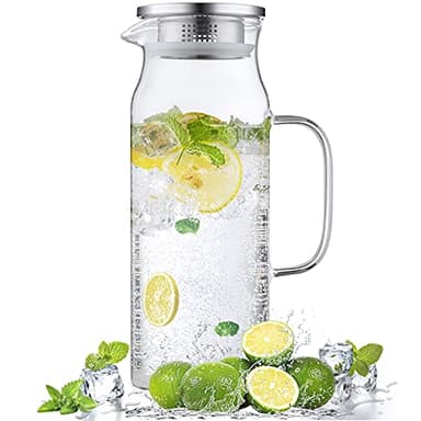 Bivvclaz 1.6 Liter 54 oz Glass Pitcher with Lid and Handle, Glass Carafe Water Pitcher for Hot/Cold Water, Iced Tea, Drinks, Coffee, Juice and Homemade Beverage