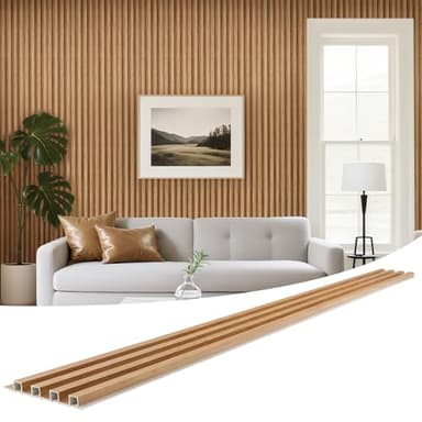 LARWORKS WPC Slat Wall Panels 8 Pack 96" x 6.6", Waterproof Fluted Wall Paneling, Accent 3D Wall Panel for Wall Decor, Bathroom, Bedroom, Office - High Grille Elm (Cover Approx.35 sq.ft)