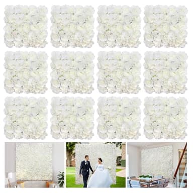 RIDDSEE Flower Wall Backdrop 12-Pack 16.5"* 16.5"Artificial Silk Flowers Rose Floral Panels Spring Wedding Home Mother's Day Valentine's Day Photography Event Party Decoration -White