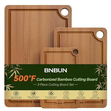 Bamboo Cutting Board for Kitchen, 3-Piece Set with Juice Grooves, Side Handles & Non-Slip Mats – Durable Bamboo Chopping Board for Meat, Vegetables and Fruits