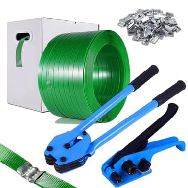 WCM Strapping Banding Strapping Kit, Pallet Strapping Kit, Packaging Banding Tool with 5/8" Width, 1000' Length Polyester Strapping Coil Roll and Dispenser Box – Heavy Duty Certified 1200 lbs Break