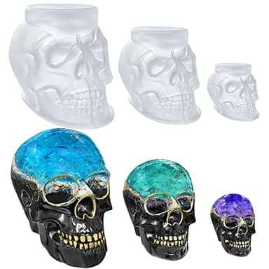 RESINWORLD Set of Large + Medium + Small 3D Skull Resin Molds, Flexible Clear Silicone Skull Head Molds, Silicone Molds for Resin, Soap, Clay, Candle Wax Casting, Halloween Home Decoration