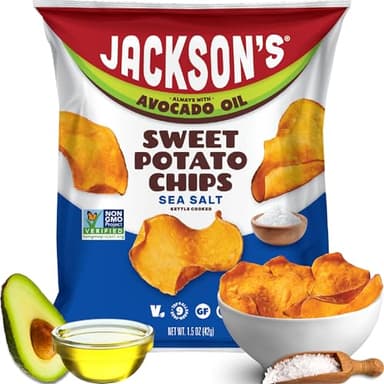 Jackson’s Sweet Potato Kettle Chips with Sea Salt made with Premium Avocado Oil (1.5 oz, Pack of 10) - Allergen-friendly, Gluten Free, Peanut Free, Vegan, Paleo Friendly - Shark Tank Product