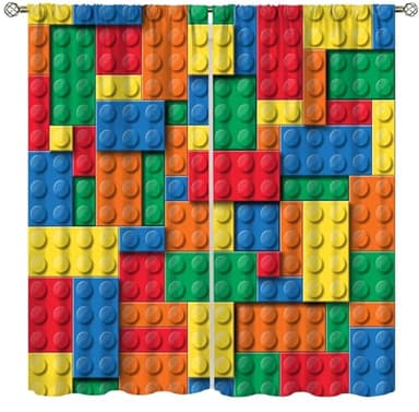 Focusbrite Building Blocks Toy Curtains, Abstract Contour Colorful Plastic Brick Geometric Print Pattern Window Treatment Drapes for Boy Girl Bedroom Playroom Set 2 Panels,42x45 Inches
