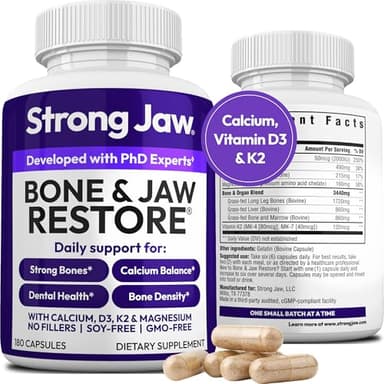 Strong Jaw - Bone & Jaw Restore – Calcium Supplements with Vitamin D3, K2 & Magnesium | Non-GMO | Bone Builder & Nutrition Support for Women & Men | Density Support Formula | 180 Capsules Bottle