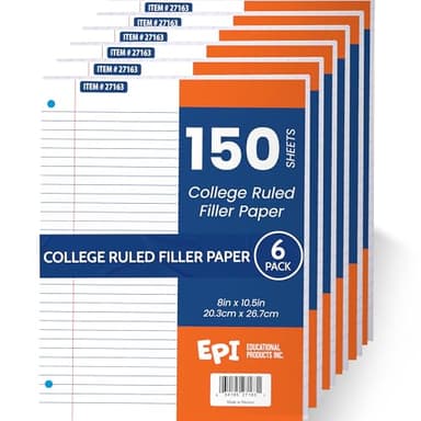 EPI Filler Paper | College Ruled | Loose Leaf, 3-Hole Punched, 10.5 x 8 in, 150 Sheets | School, Office, Notes, Binder Refill - 6 Pack