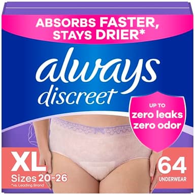 Always Discreet Adult Diapers for Women, Incontinence Underwear, Drier Than Depends, Postpartum Essentials, Disposable Briefs, Max Absorbency, Bladder Leak Protection, Extra Large/XL, 64ct