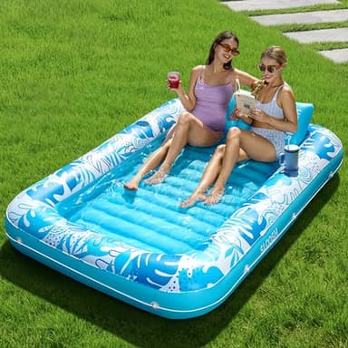 SLOOSH Inflatable Tanning Pool Lounger Float, 85" x 57" Extra Large Pool Floats Adult with Pillow, 4 in 1 Suntan Tub Raft Floatie,Sunbathing Bed Lounge for Water Blow Up Ball Pit Party Gifts, XL-Blue