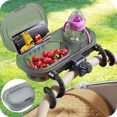 3-in-1 Universal Stroller Snack Tray Attachment with Dust Cover Sturdy Stroller Cup Snack Holder Clamp & Silicone Arms Grip Design Baby Travel Gear Accessories Detachable Dishwasher-Safe Universal Fit