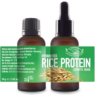 Artekas Innovation HYDROLYZED RICE PROTEIN - Liquid, 2 Ounces - For Homemade Hair Care, Skin Care, Body Washes, Shampoos, and Conditioners - 2 Vials (1 Ounce Each) - Includes Pipette and Screw Caps