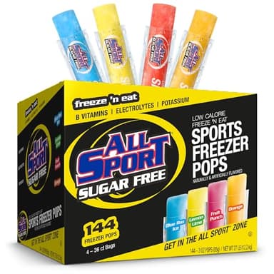 All Sport Sugar-Free - Freezer Pops, Giant Sized 3oz, 144 CT Refreshing Ice Pops with Electrolytes, B Vitamins & Potassium –Blue Raz Ice, Lemon Lime, Fruit Punch & Orange