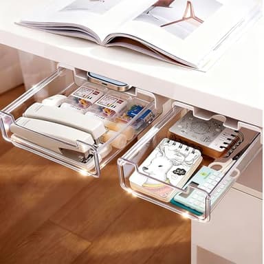 2 Pack Under Desk Storage Drawers Slide Out-Drill-On or Self-Adhesive,Large&Medium Drawer Under Desk Organizer Under Table Drawer for Home Office School Organization and Storage