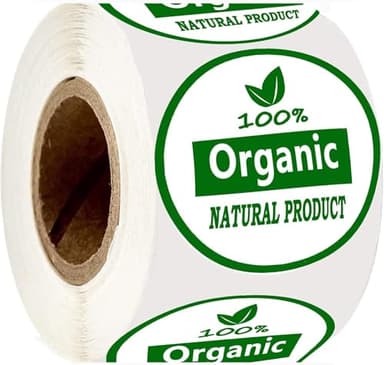 100% Organic Natural Product Labels, 1.25 Inch Round Adhesive Stickers for Food Package, Box, Bags, 500 Count
