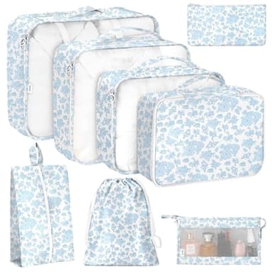 8 Set Packing Cubes for Travel, Luggage Packing Organizers Accessories Large Toiletries Bag for Clothes Shoes Cosmetics (Blue Flower)