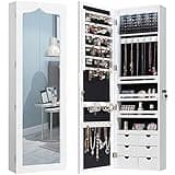 CHARMAID 5 LEDs Mirror Jewelry Armoire Wall Mounted Door Hanging, Lockable Jewelry Cabinet with 47.5"H Full Length Mirror, 6 Storage Drawers, Large Capacity Jewelry Organizer Box with Drawers (White)