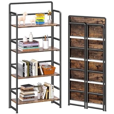 4NM No Assembly Folding Bookshelf, 4-Shelf 54" H Collapsible Foldable Bookcase Storage for Small Spaces, Rustic Brown and Black