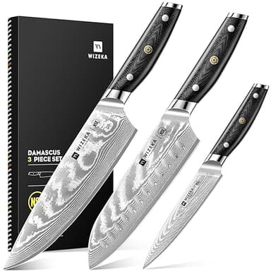 WIZEKA Damascus Chef Knife Set: 3 PCS,Super Sharp Kitchen Knives: Made of Japanese Steel VG10: Full Tang Professional Chef Knife Set With G10 Ergonomic Handle