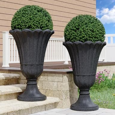 seethmi 23" Tall Planters for Outdoor Plants Set of 2, Planter with Drainage Holes and Petal Design, Large Outdoor Planters for Porch, Garden, Indoor, Black