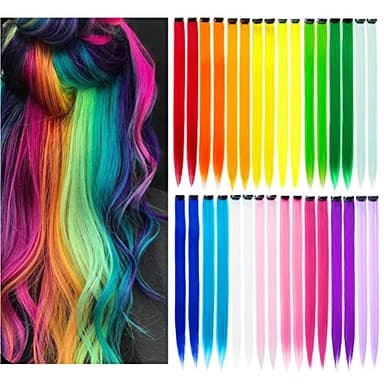 KGBFASS 32Packs Colored Hair Extensions 20Inch Straight Color Clip in on Hair Extension Rainbow Party Highlights Synthetic Hairpiece(16 colors)