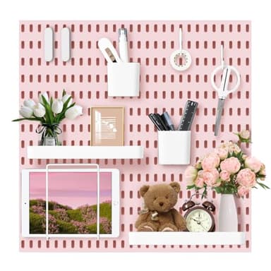 VUSIGN Pegboard Combination Wall Organizer Kit, 4 Pieces Pegboards and 17 Accessories Modular Hanging, Wall Mount Display Peg Board Panel Kits for Bedroom, Home, Office, Bathroom, 22" x 22", Pink