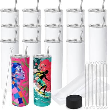 Joyclub 16 Pack Sublimation Tumblers Blanks 20 oz Flat Edge Skinny Straight Sublimation Cups With Lids and Straws for Heat Press No Gift Boxes