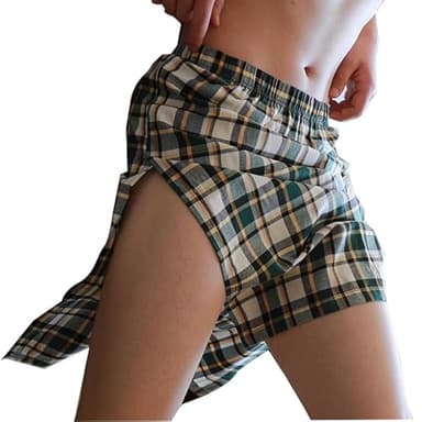 Men's Cotton Plaid Casual Home Bath Skirt, Sleeping Dress, Men's Underwear Breathable Lingerie, Role-playing Sissy Skirt (yellow, XL)