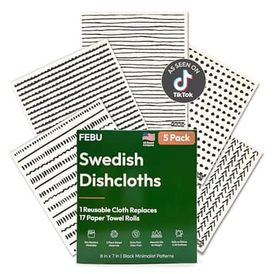 FEBU Swedish Dishcloths for Kitchen | 5 Pack Black Minimalist Reusable Paper Towels Washable | Swedish Dish Towels | Non-Scratch Cellulose Sponge Cloths | No Odor, Biodegradable Cleaning Cloths