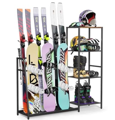 Lurgno Freestanding Snowboard Rack - 4 Pair Ski, 3 Pack Snowboard, Boot, Pole, Goggles, Helmet Rack for Garage, Shed, Basement