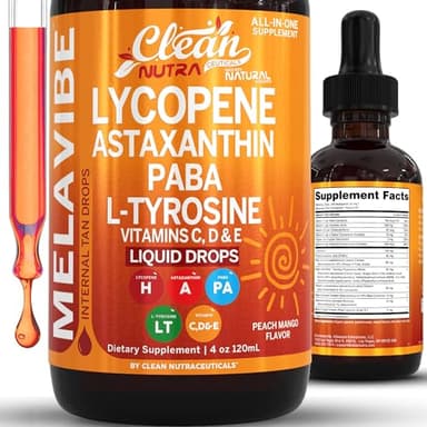 MelaVibe Astaxanthin Internal Tanning Liquid Drops Lycopene PABA L-Tyrosine Grape Seed Extract Vitamin a c d Drops VIT E AMLA Flax Seed Omega 3 Copper Peach Mango Flavor By Clean Nutra