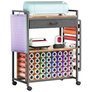 PUNLUXU Organizers and Storage Compatible with Cricut Machines Rolling Craft Storage Cart with 47 Vinyl Roll Holders for Craft Rooms Home Removable Patent Protected 001 Black Wood Grain