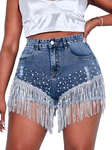 Cyparel Women High Waisted Jean Short Casual Stretchy Mid Rise Rhinestone Fringe Trim Ripped Denim Short Jeans