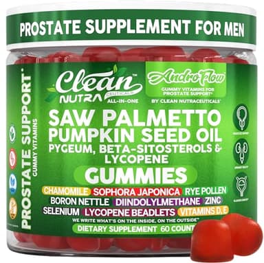 AndroFlow Saw Palmetto and Pumpkin Seed Oil Prostate Health Supplements for Men Pygeum Beta Sitosterol Lycopene Boron Zinc Selenium DIM Stinging Nettle Vitamin D, 60 Gummy Supplements by Clean Nutra