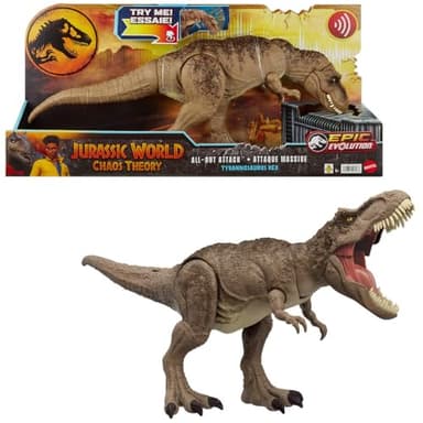 Mattel Jurassic World Chaos Theory All-Out Attack Tyrannosaurus Rex Dinosaur Action Figure Toy, T. rex with Rampage Attack, Chomp & Roar & Evolved Spikes, Digital Play