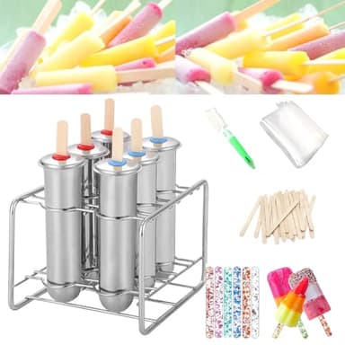 Set of 6 Stainless Steel Popsicle Molds Kit, Metal Popsicle Moulds,Homemade Ice Treat Makerwith 50 Wooden Sticks and 6 Silicone Seals and 20 Pop Bags,Cleaning Brush