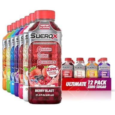 SueroX Zero Sugar Electrolyte Drink for Hydration and Recovery, Unique Blend of Electrolytes & 8 Ions, Zero Calorie Sports Drink, 21.3 Fl Oz, Ultimate Pack, 12 Count