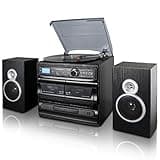 Trexonic 3-Speed Turntable with CD Player, Dual Cassette Player, BT, FM Radio & USB/SD Recording and Wired Shelf Speakers