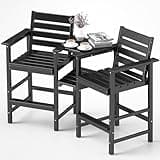 FOOWIN Tall Adirondack Chair Set of 2,HDPE Adirondack Bar Stools with Removable Connecting Trays,Weather Resistant Balcony Chair,Outdoor Adirondack Bar Chairs for Patio,Pool,Garden, Backyard Black