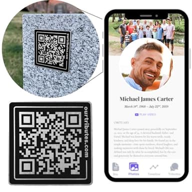 Our Tributes Stainless Steel QR Memorial Plaque for Headstones — 100-Year Outdoor Plaque Durability + Guaranteed 50-Year Online Memorial Page Hosting
