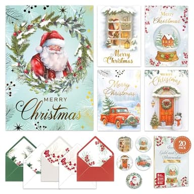 Decorably 20 Pack Gold Foil 5x7in Watercolor Glitter Christmas Cards with Envelopes & Stickers - 5 Folded Elegant Designs Seasons Greetings for Friends & Loved Ones, with Printed Message Inside